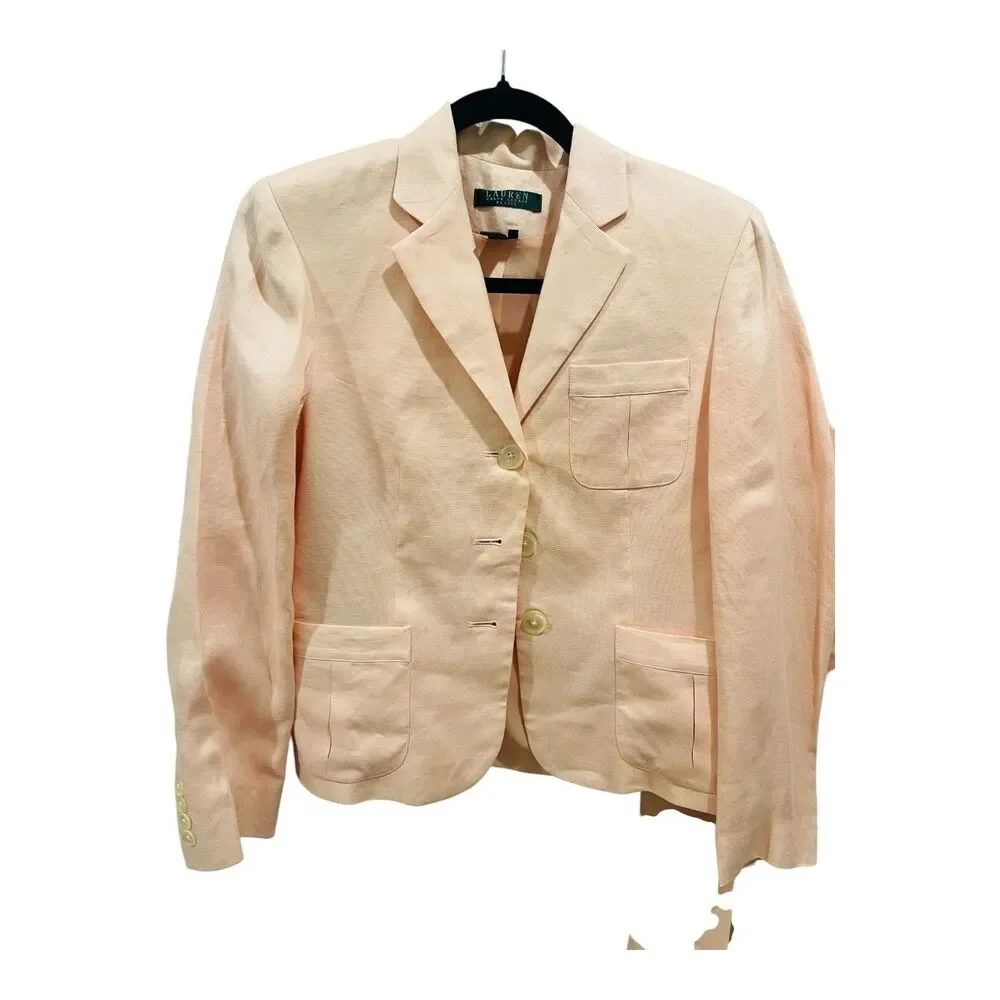 Vintage Lauren Ralph Lauren Pink Linen 2-Piece Pant Suit Blazer Trousers 8P Y2K